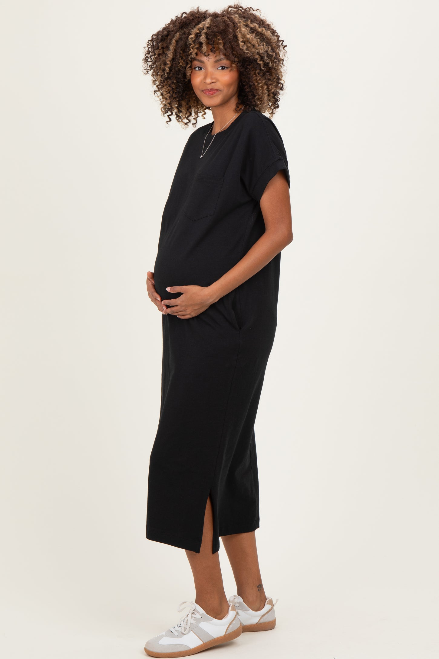 Black Pocket Front Maternity Midi T-Shirt Dress