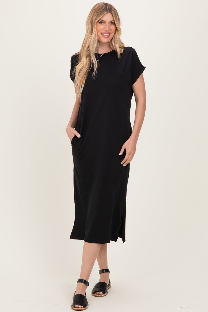 Black Pocket Front Midi T-Shirt Dress