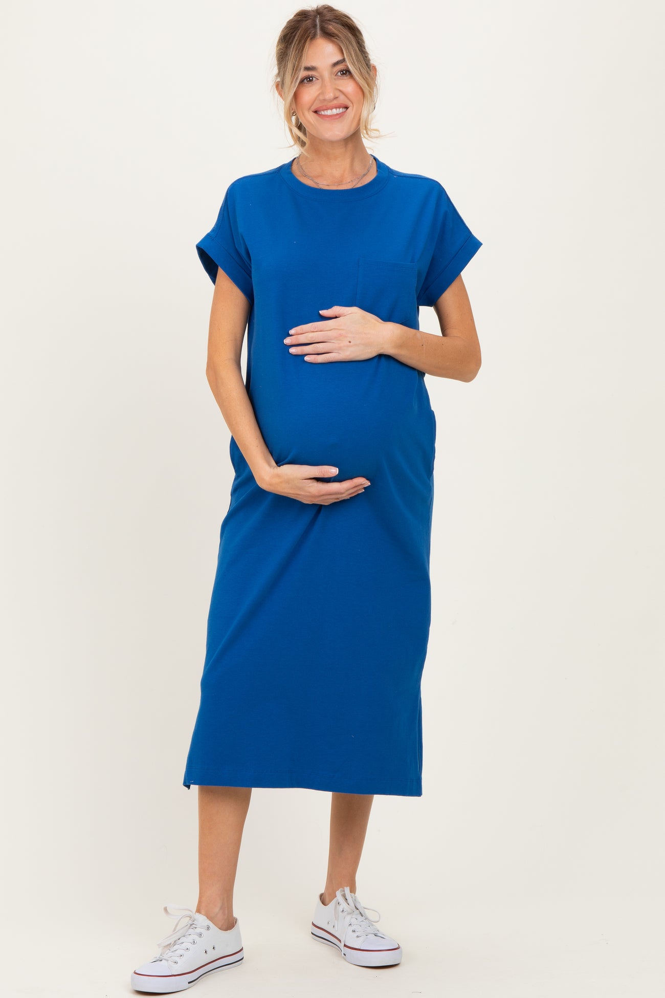 Royal Blue Pocket Front Maternity Midi T-Shirt Dress