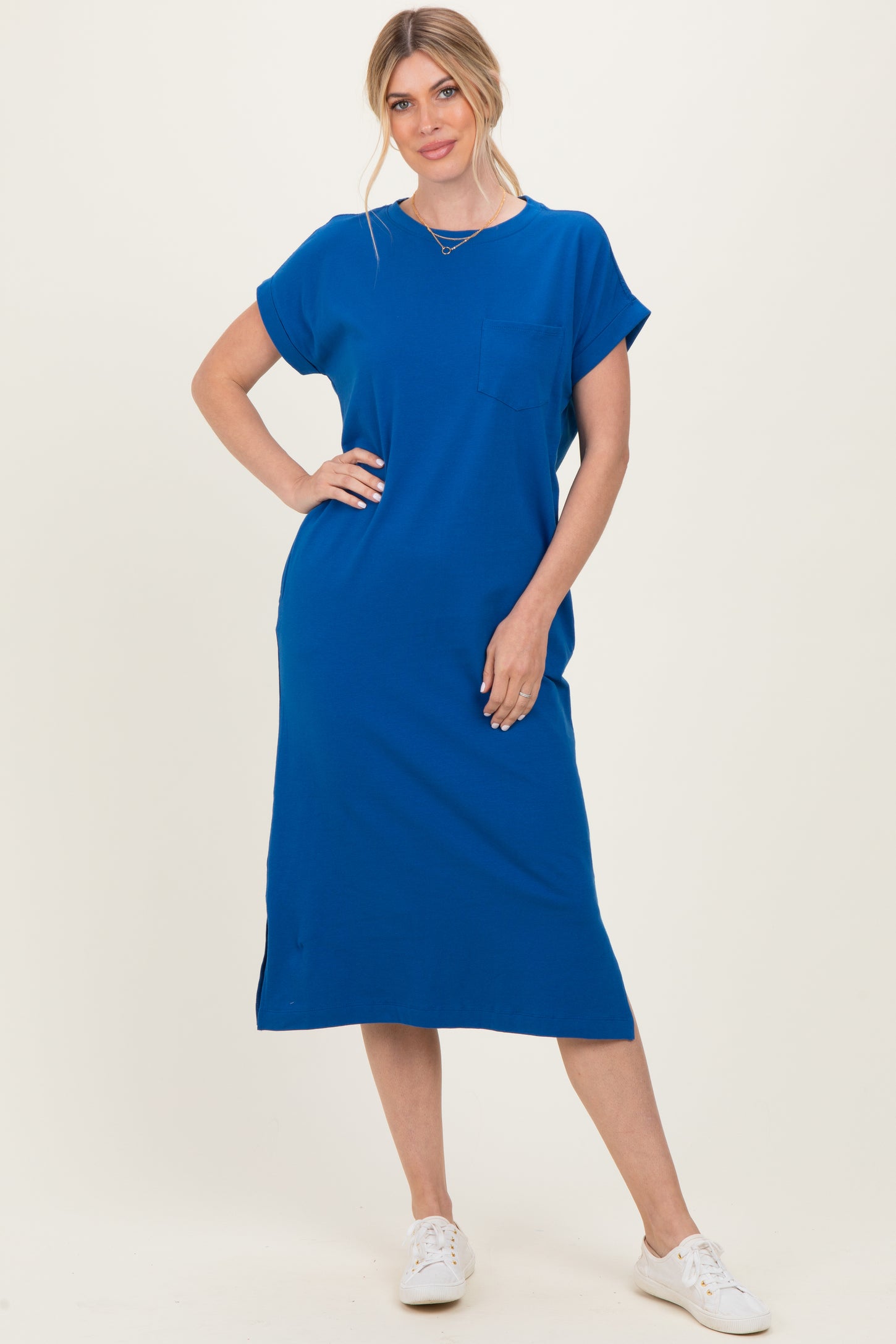 Royal Blue Pocket Front Maternity Midi T-Shirt Dress