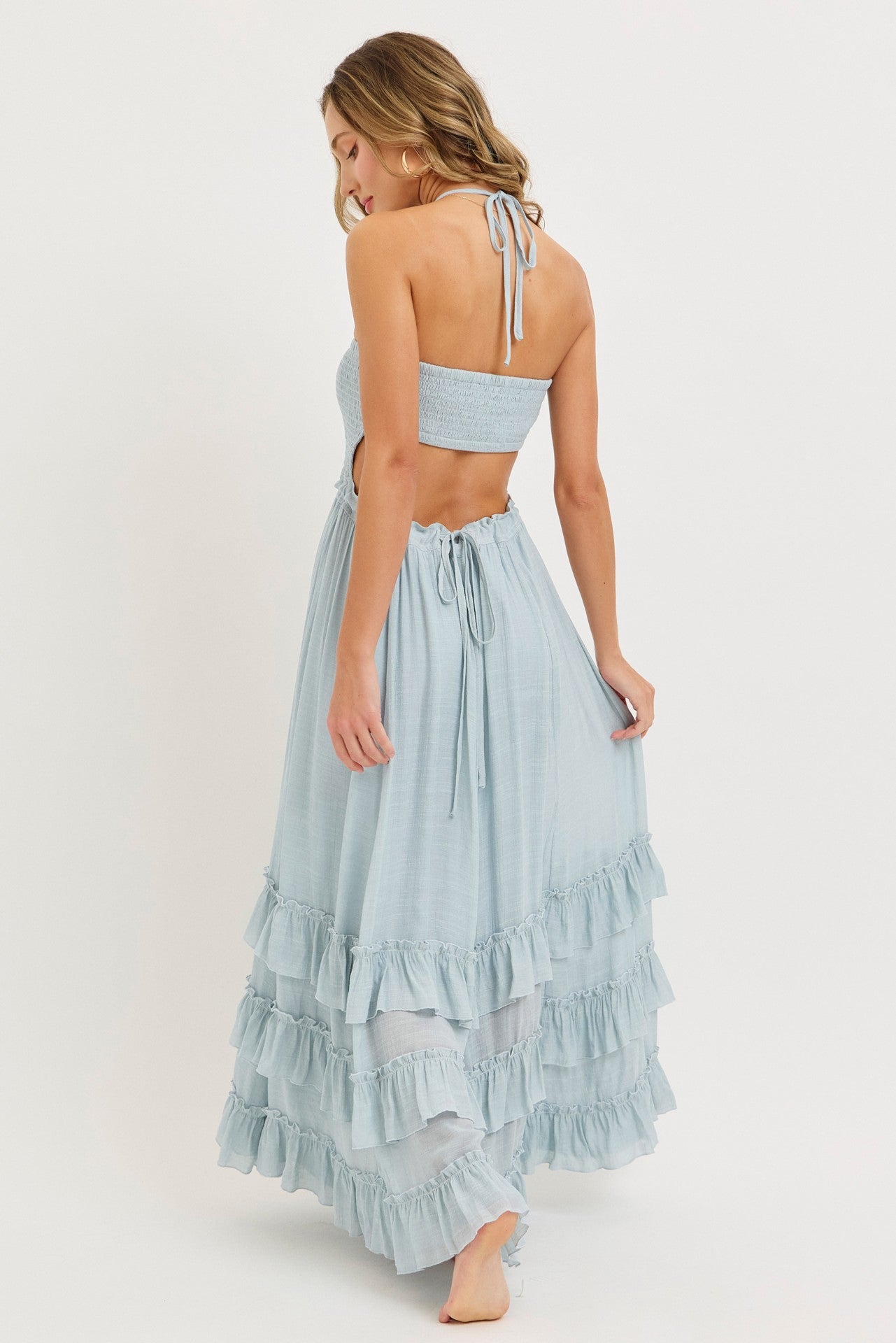 Light Blue Halter Smocked Ruffle Tier Hem Maxi Dress