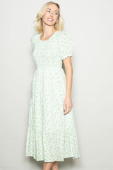 Light Green Rose Floral Smocked Puff Sleeve Midi Dress