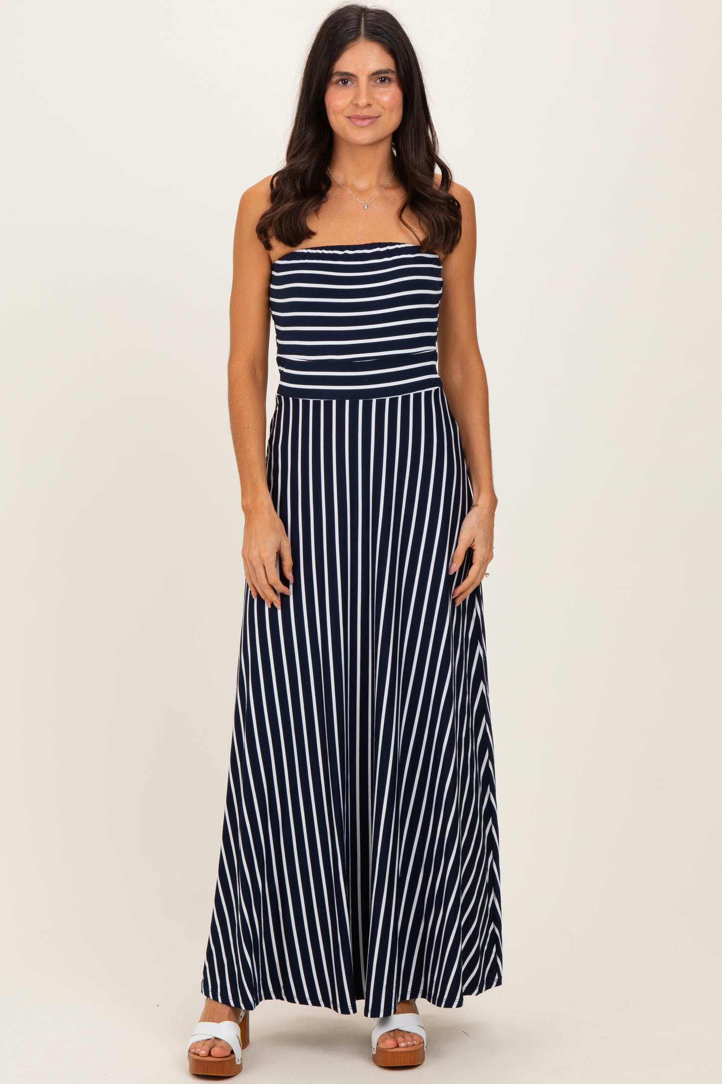 Navy Striped Strapless Maxi Dress
