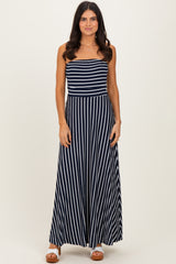 Navy Striped Strapless Maxi Dress