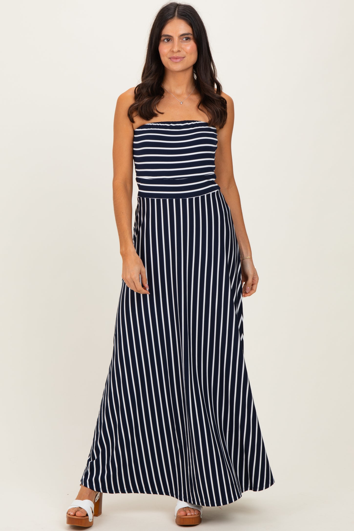 Navy Striped Strapless Maxi Dress