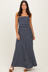 Navy Striped Strapless Maxi Dress