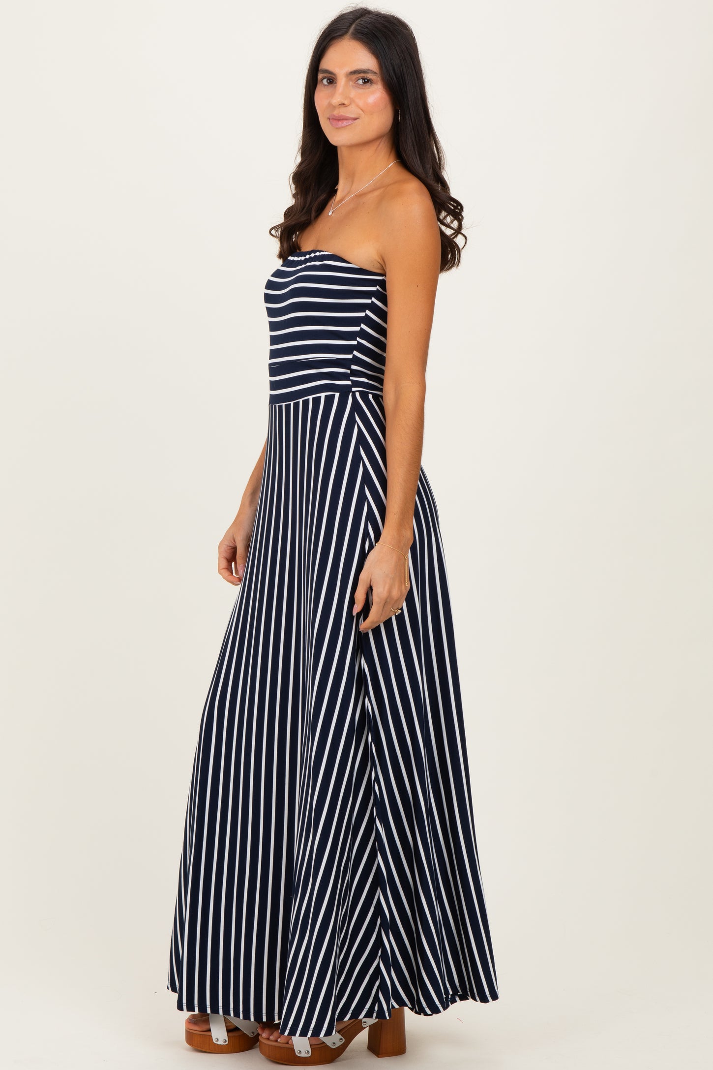 Navy Striped Strapless Maxi Dress