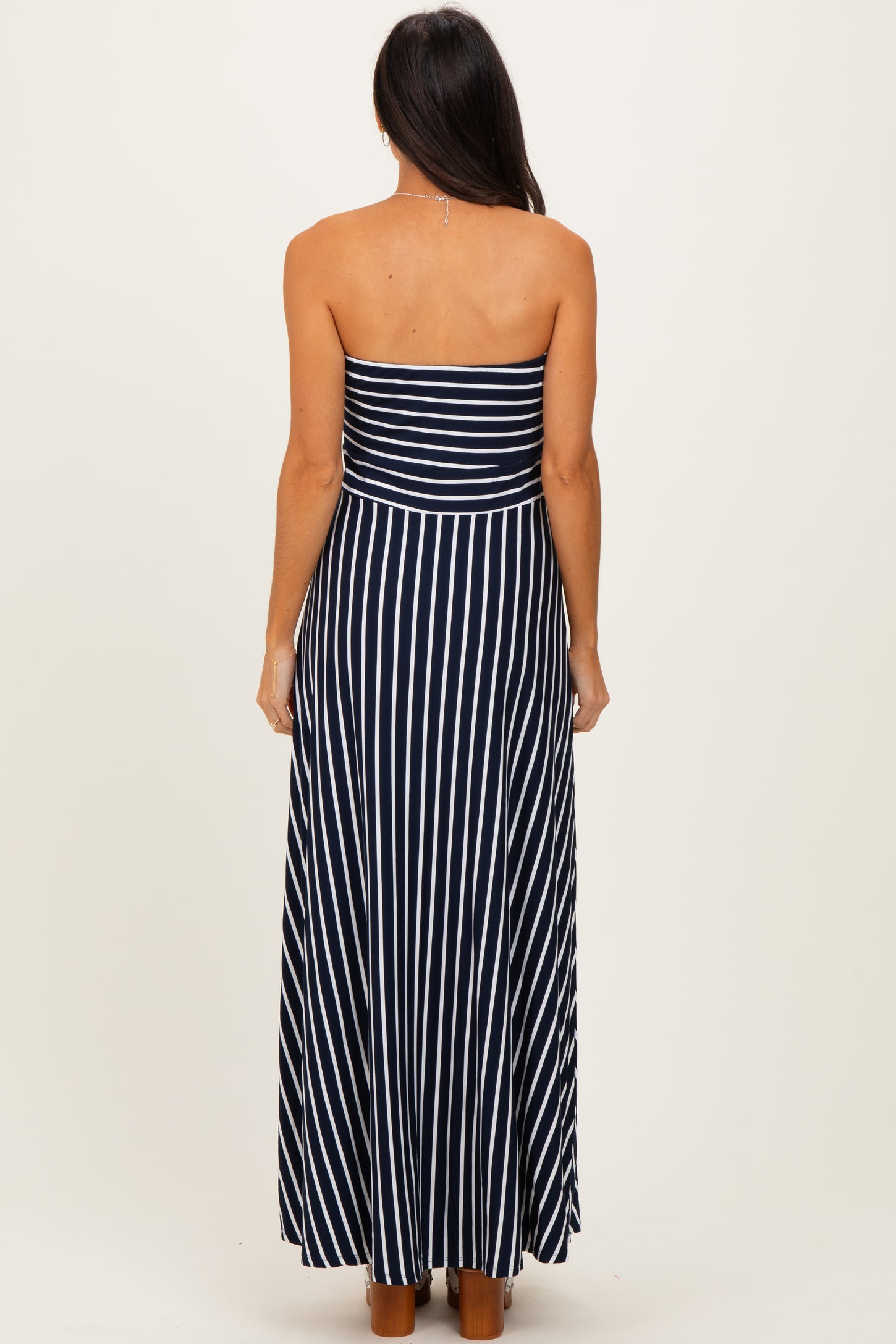 Navy Striped Strapless Maxi Dress