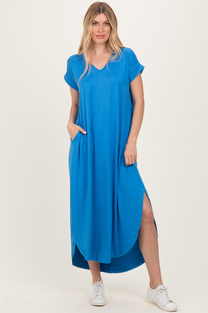 Aqua Blue Side Slit Maternity Maxi Dress