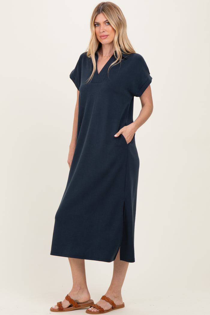 Navy Collared Short Sleeve Midi Dress