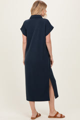 Navy Collared Short Sleeve Midi Dress