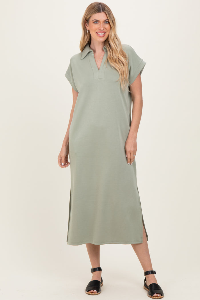 Sage Collared Short Sleeve Maternity Midi Dress