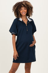 Navy Half Zip Puff Sleeve Maternity Mini Dress