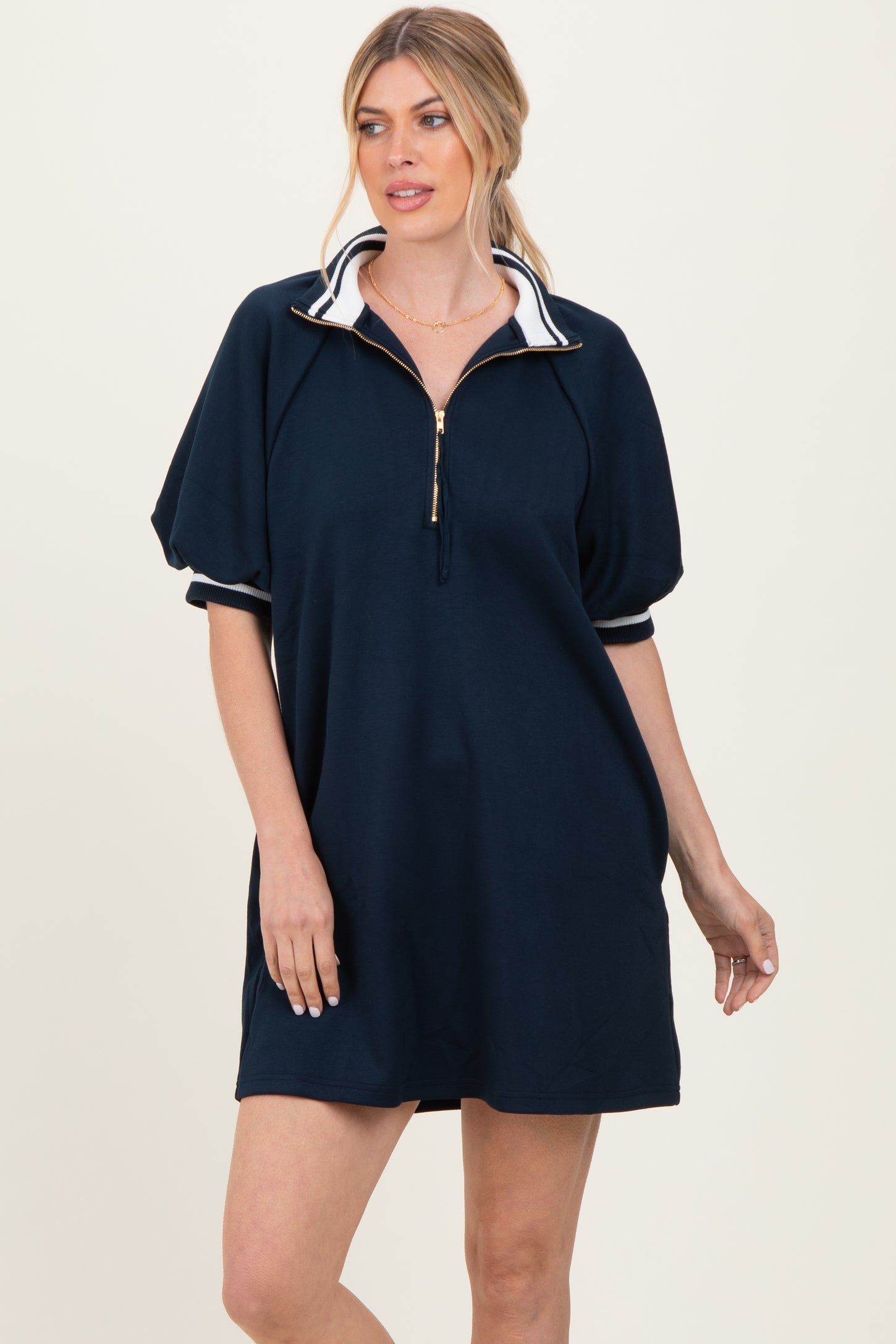 Navy Half Zip Puff Sleeve Maternity Mini Dress