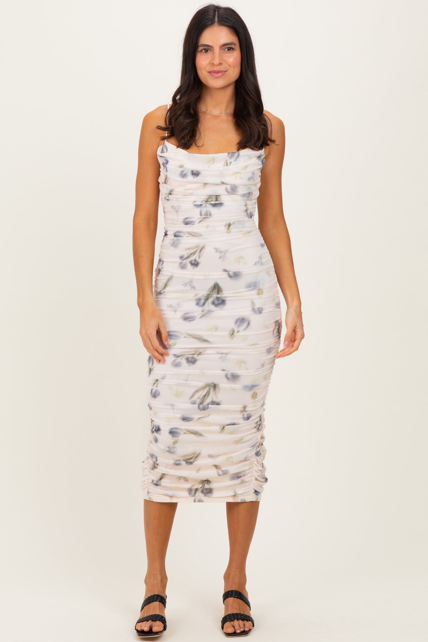 Cream Floral Mesh Ruched Midi Dress