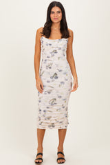 Cream Floral Mesh Ruched Midi Dress