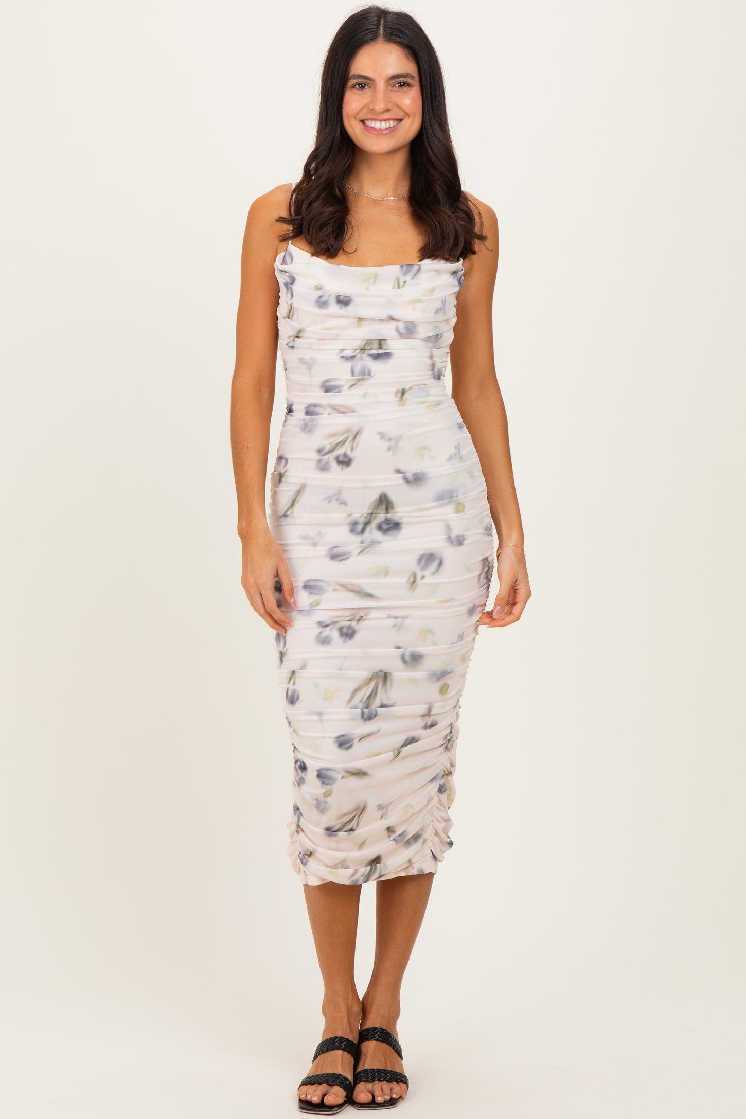 Cream Floral Mesh Ruched Midi Dress