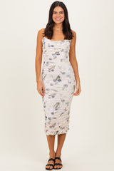 Cream Floral Mesh Ruched Midi Dress