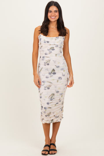 Cream Floral Mesh Ruched Midi Dress