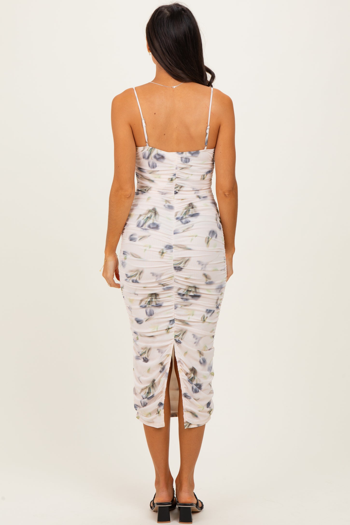 Cream Floral Mesh Ruched Midi Dress