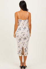 Cream Floral Mesh Ruched Midi Dress