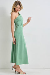 Green Striped One Shoulder Midi Dress