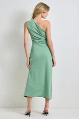 Green Striped One Shoulder Midi Dress