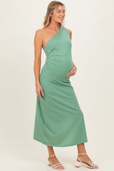 Green Striped One Shoulder Maternity Midi Dress