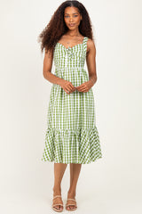Green Gingham Front Tie Halter Midi Dress