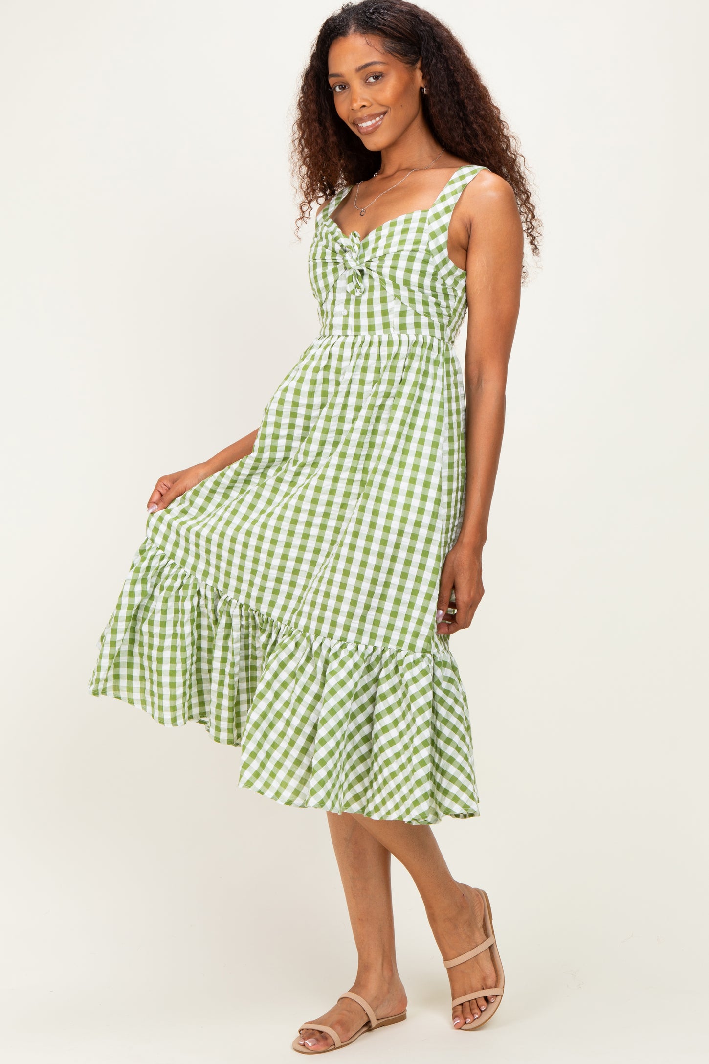 Green Gingham Front Tie Halter Midi Dress
