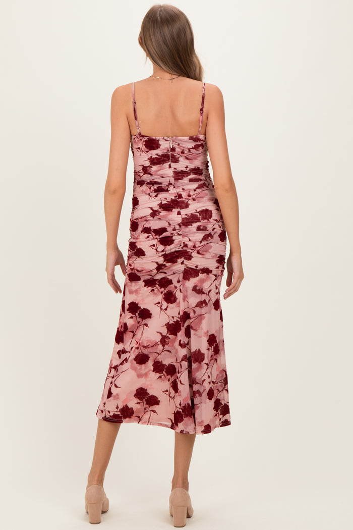 Pink Rose Floral Mesh Ruched Maternity Midi Dress