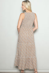 Beige Floral Smocked Sleeveless Tiered Maxi Dress