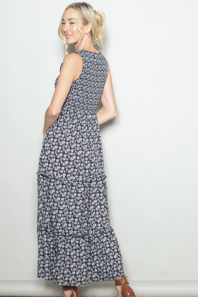Black Floral Smocked Sleeveless Tiered Maxi Dress