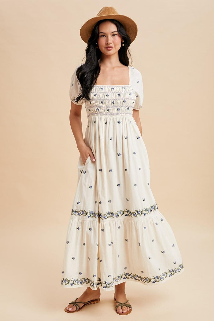 Buttercream Smocked Embroidered Floral Maxi Dress