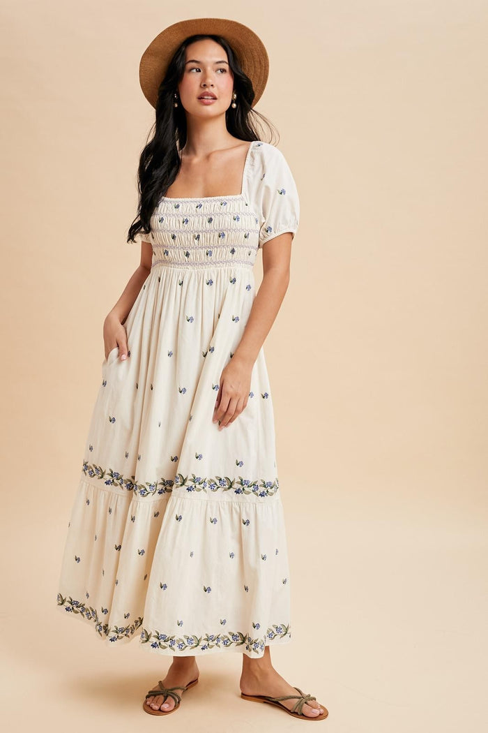 Buttercream Smocked Embroidered Floral Maxi Dress
