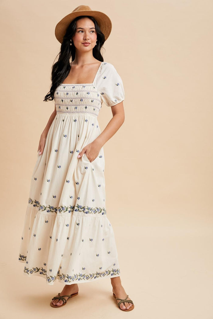Buttercream Smocked Embroidered Floral Maxi Dress