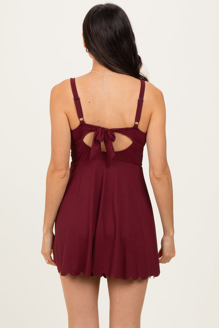 Dark Burgundy Ribbed Scallop Hem Swim Dress