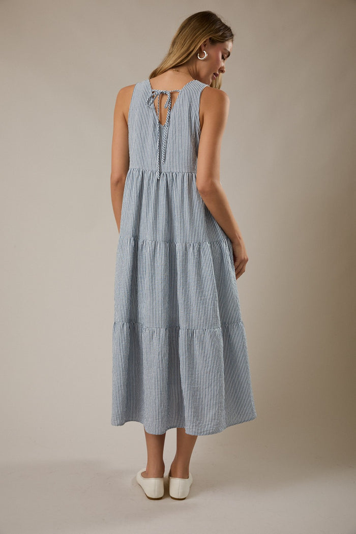 Blue Striped V-Neck Sleeveless Tiered Midi Dress