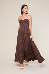 Brown Floral Jacquard Strapless Open Back Maxi Dress