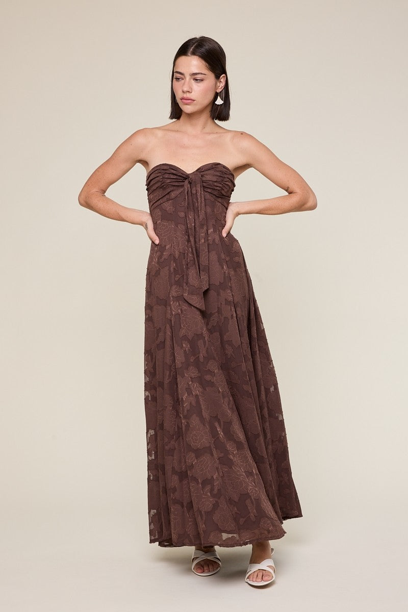 Brown Floral Jacquard Strapless Open Back Maxi Dress