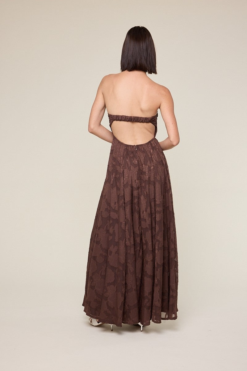 Brown Floral Jacquard Strapless Open Back Maxi Dress