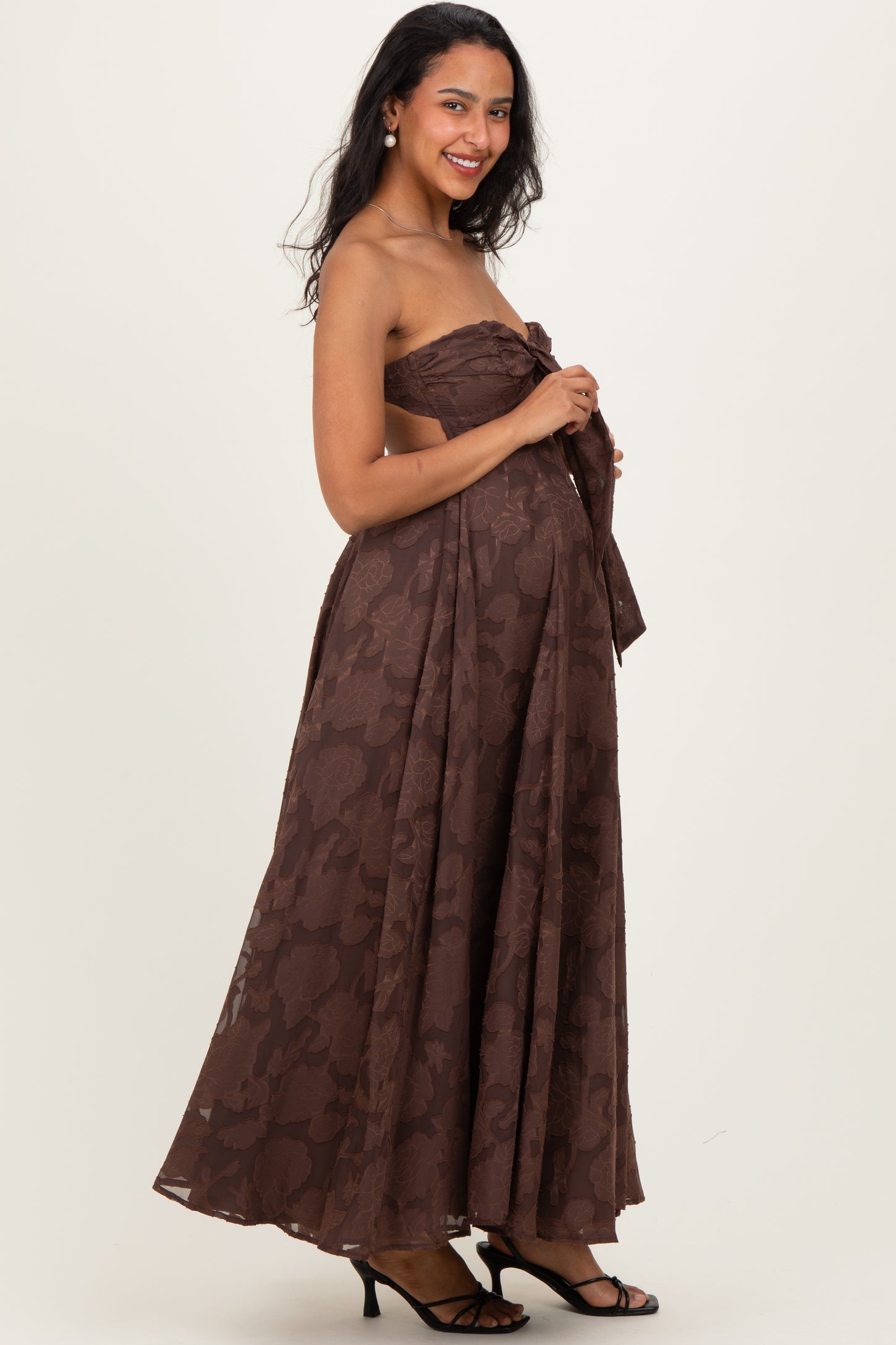 Brown Floral Jacquard Strapless Open Back Maternity Maxi Dress
