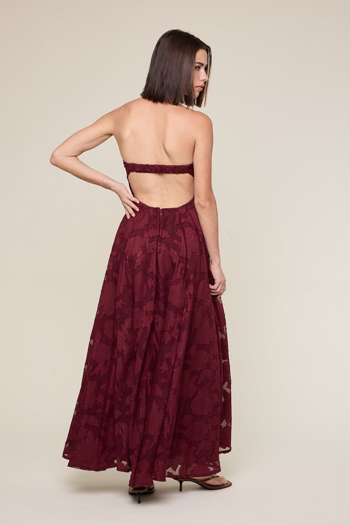 Wine Floral Jacquard Strapless Open Back Maxi Dress