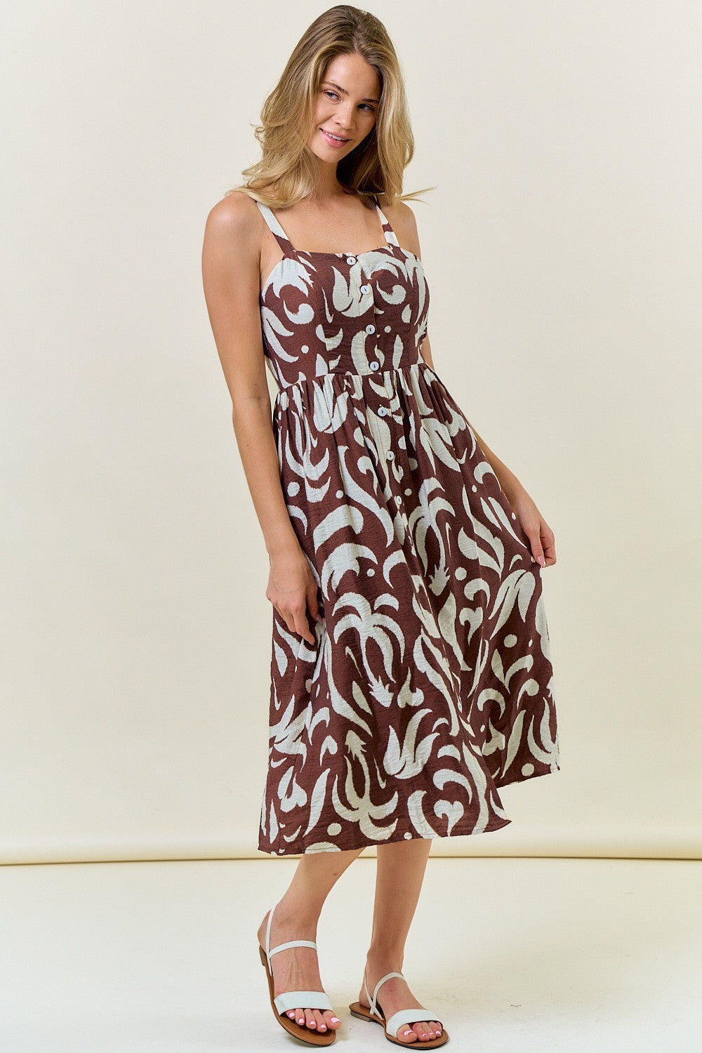 Brown Printed Button Down Sleeveless Maternity Midi Dress
