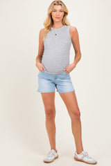 Light Denim Slit Hem Denim Maternity Shorts