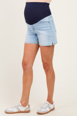 Light Denim Slit Hem Denim Maternity Shorts
