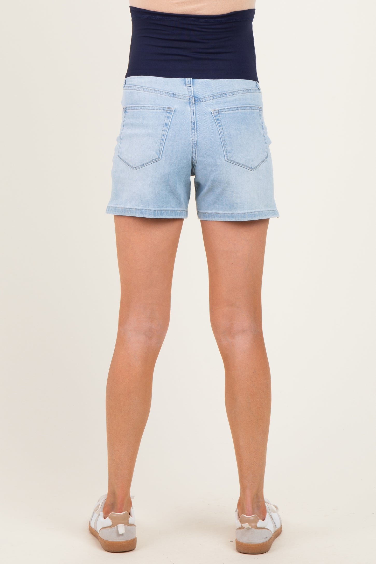 Light Denim Slit Hem Denim Maternity Shorts