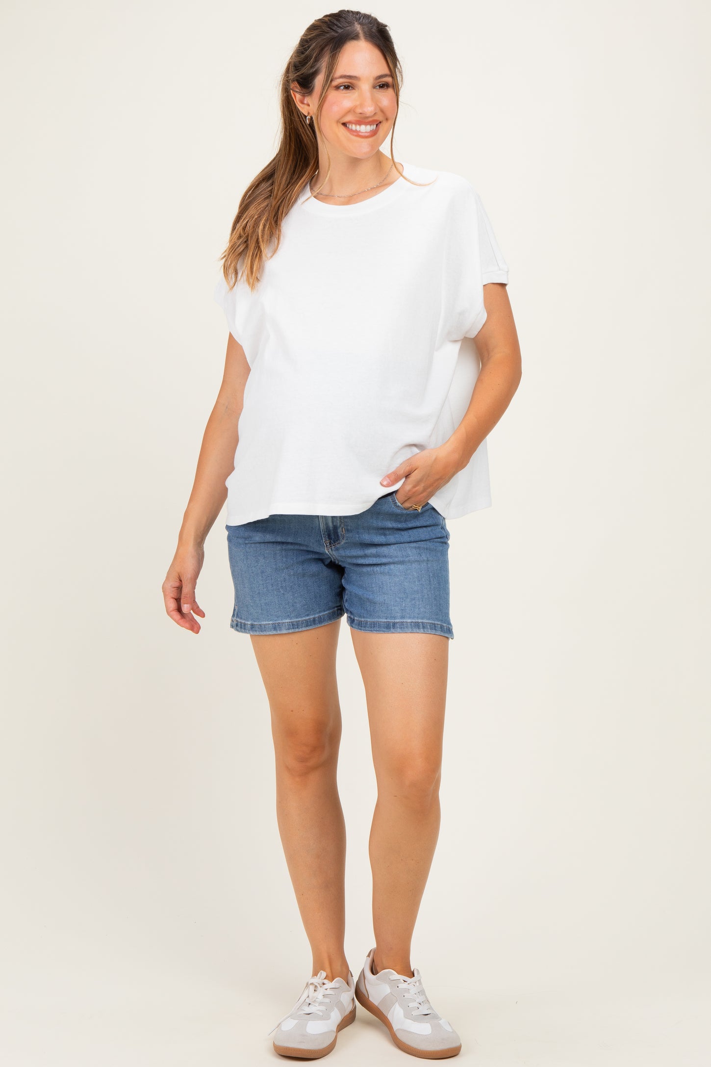 Medium Denim Slit Hem Denim Maternity Shorts