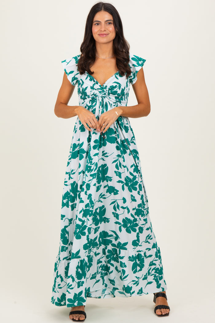 White Floral Smocked Cinched Top Maternity Maxi Dress