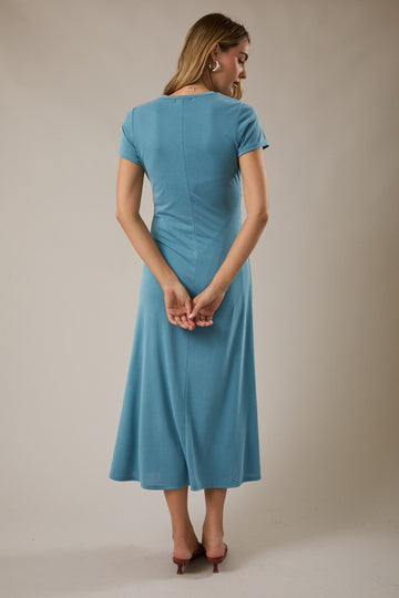 Blue Short Sleeve Ruched Midi Dress